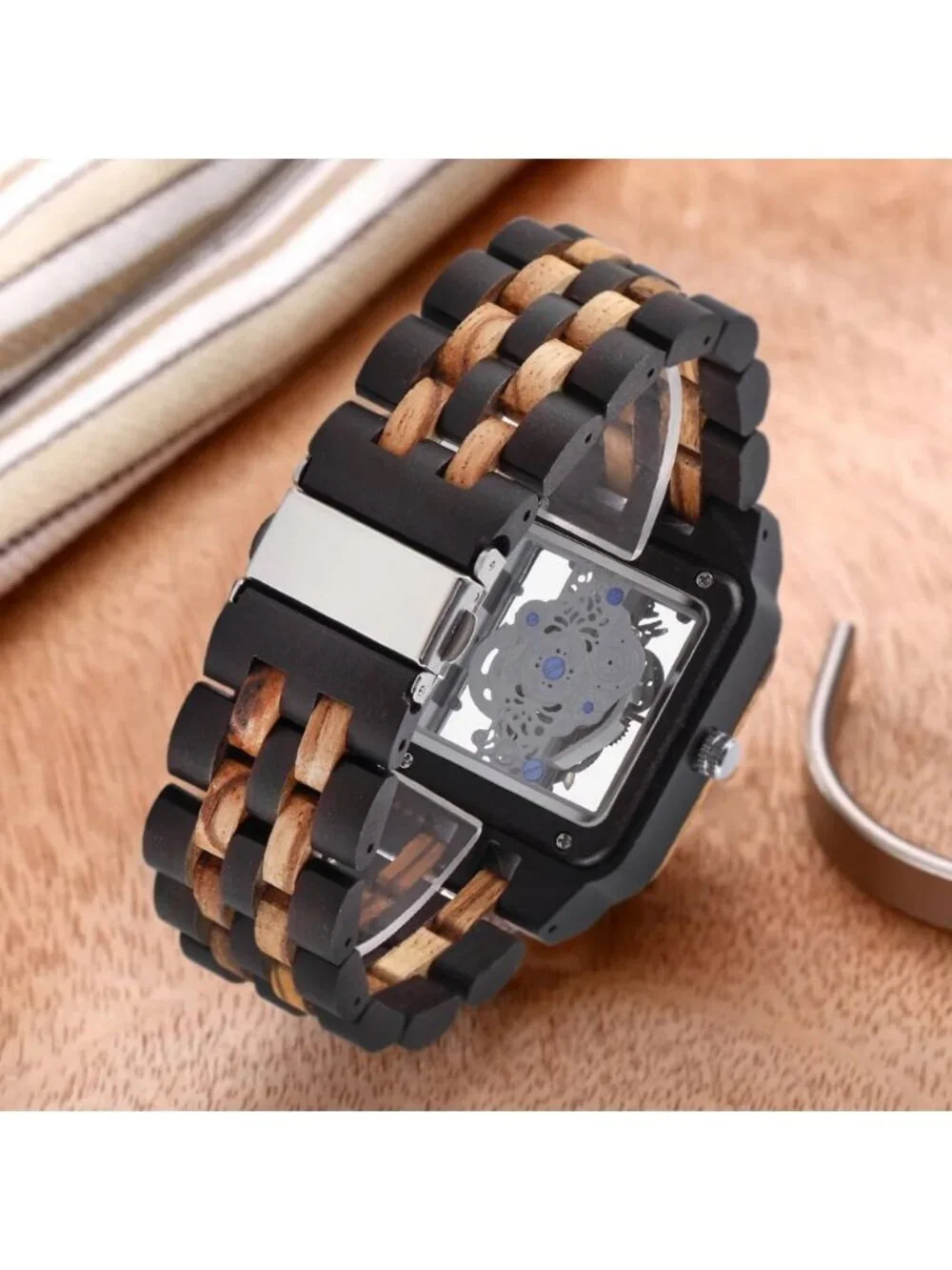 Men's Black Brown Square Skeleton Buckle Analog Quartz Classic Wooden Watch
